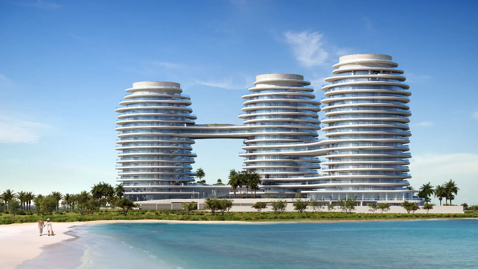 Modern beachfront apartments with palm trees.