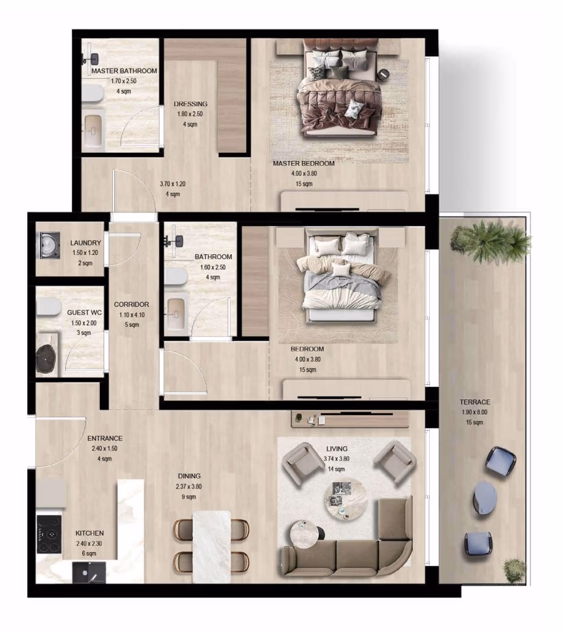 Manchester City Yas Island 2 BR Apartment Floor Plan