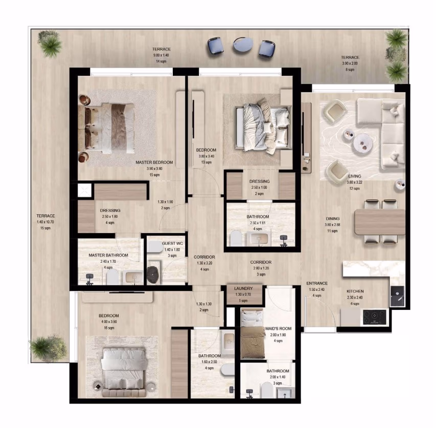 Manchester City Yas Island 3 BR Apartment Floor Plan