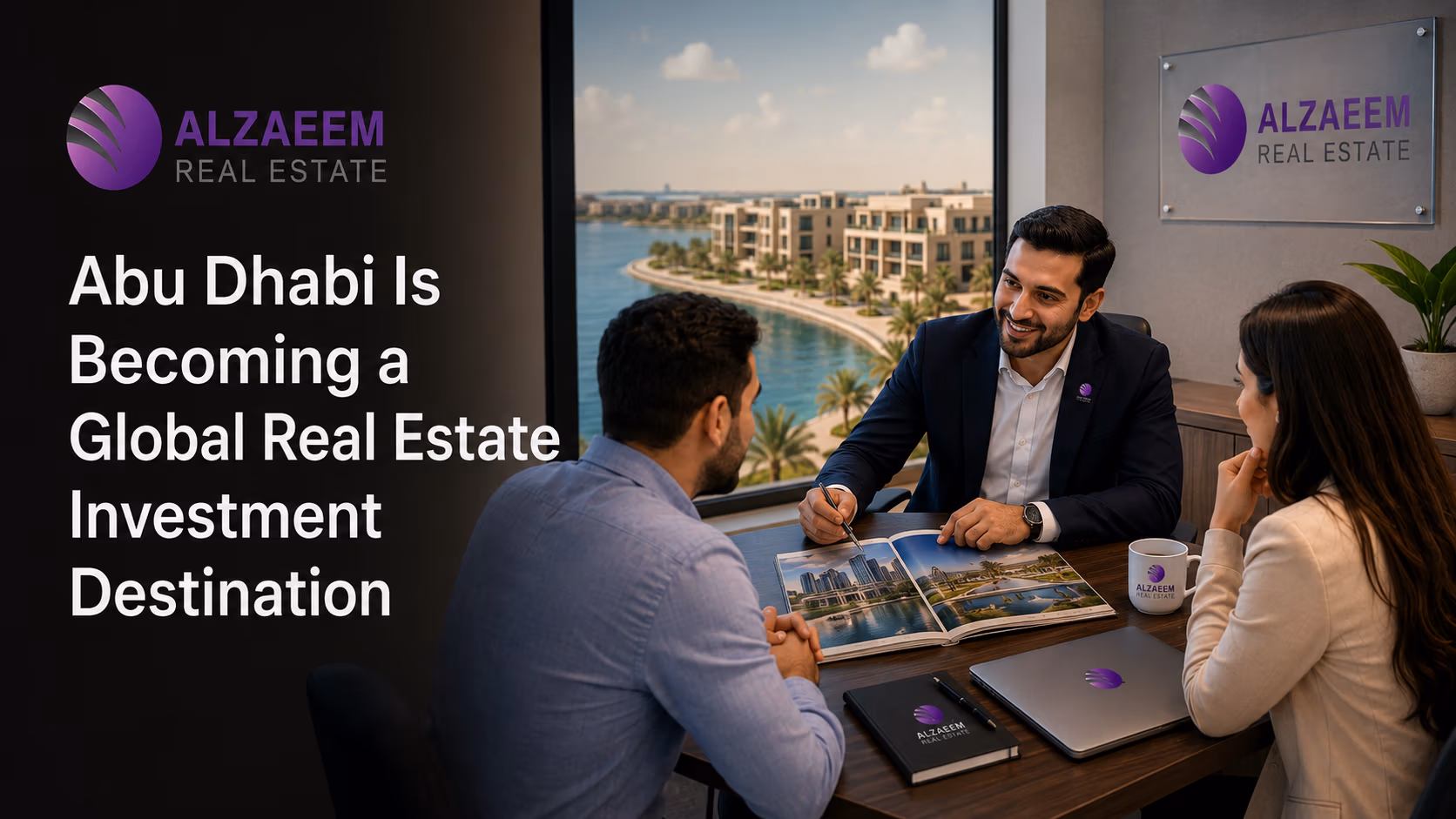 Al Zaeem Real Estate advisor discussing Abu Dhabi property investment opportunities with clients in a modern office