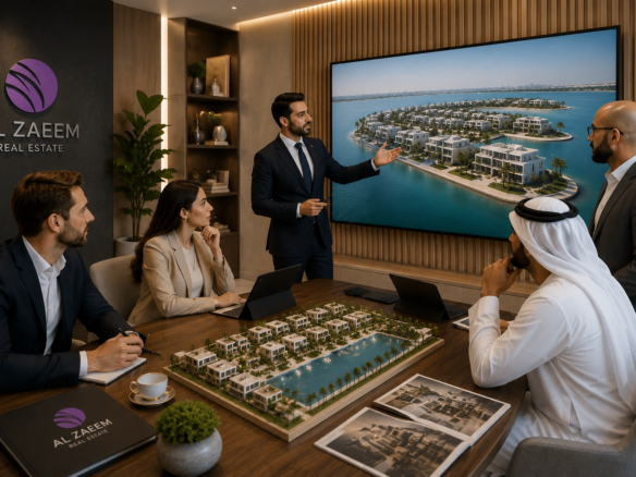 Al Zaeem Real Estate experts presenting Abu Dhabi luxury waterfront villa developments and real estate market trends to international investors.