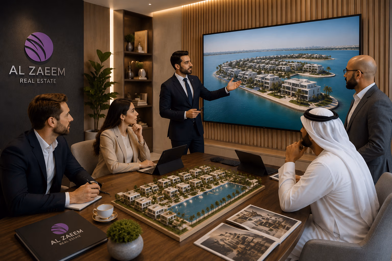 Al Zaeem Real Estate experts presenting Abu Dhabi luxury waterfront villa developments and real estate market trends to international investors.
