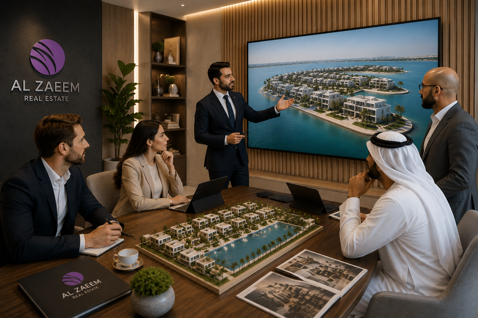 Al Zaeem Real Estate experts presenting Abu Dhabi luxury waterfront villa developments and real estate market trends to international investors.