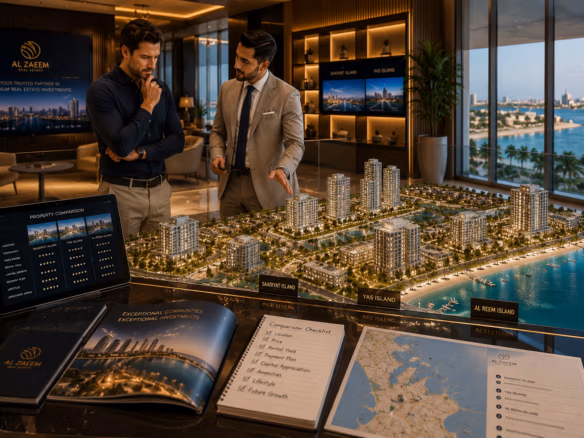 An Al Zaeem Real Estate advisor helping an international buyer compare Abu Dhabi property investment opportunities using a detailed architectural masterplan and digital property analysis.