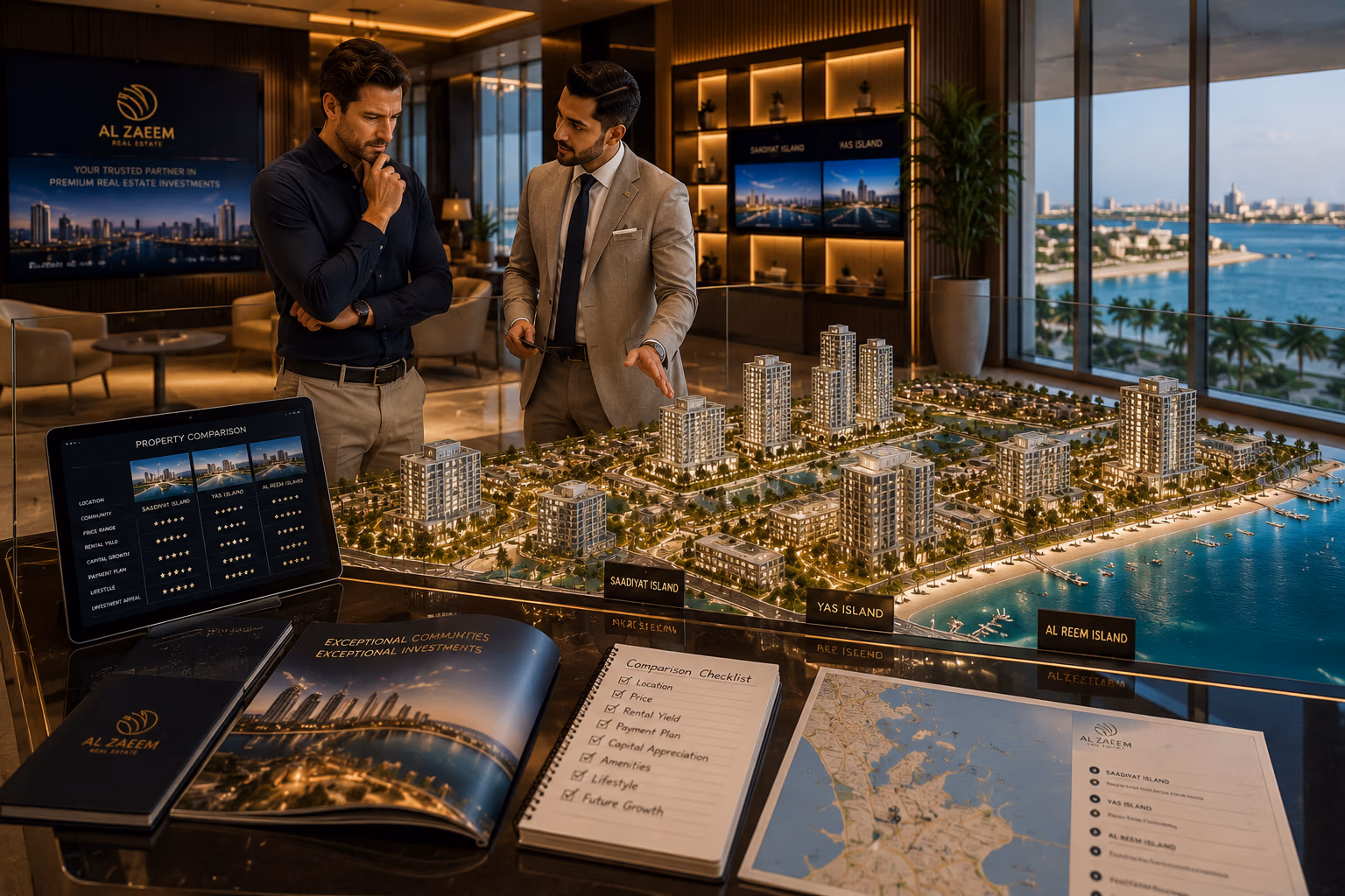 An Al Zaeem Real Estate advisor helping an international buyer compare Abu Dhabi property investment opportunities using a detailed architectural masterplan and digital property analysis.