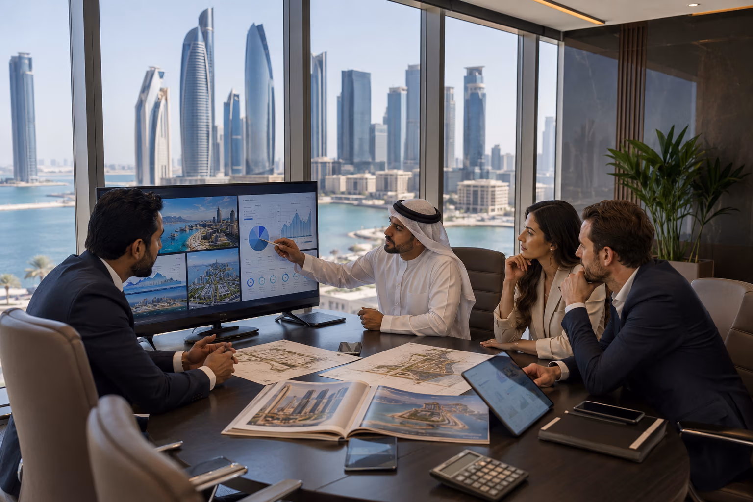 Real estate advisors at Al Zaeem Real Estate presenting Abu Dhabi property investment analysis and market research to investors in a modern corporate office.