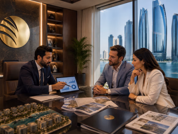 Professional property advisor at Al Zaeem Real Estate presenting Abu Dhabi property investment reports and market analysis to international investors in a modern luxury office.