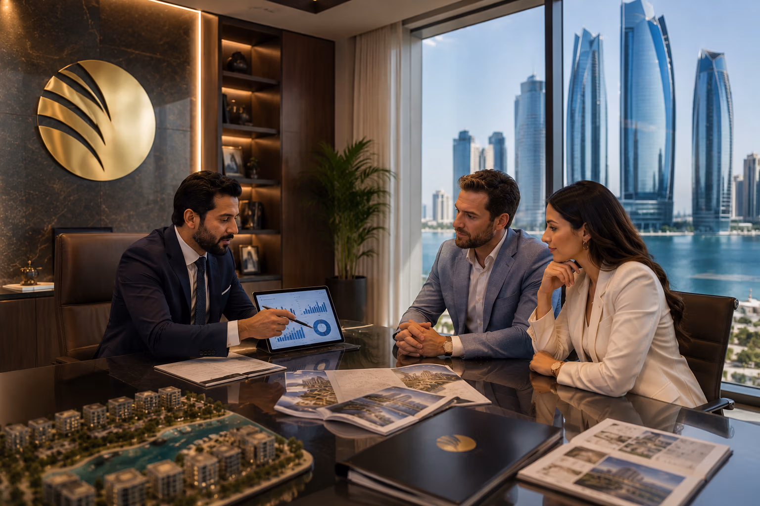 Professional property advisor at Al Zaeem Real Estate presenting Abu Dhabi property investment reports and market analysis to international investors in a modern luxury office.
