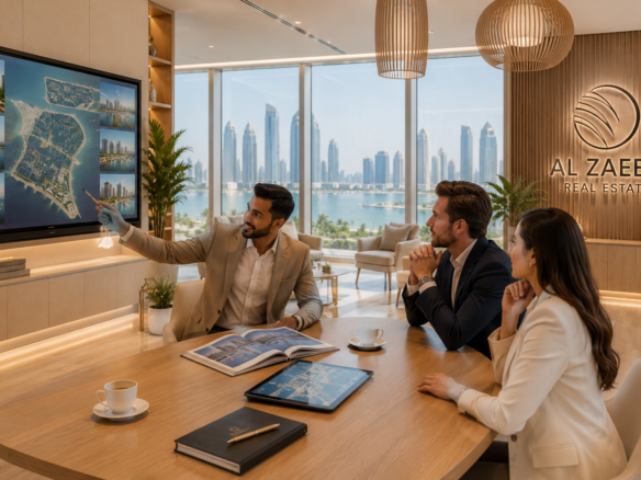 Senior Al Zaeem Real Estate advisor presenting Abu Dhabi luxury property investment opportunities to international buyers in a modern executive office.
