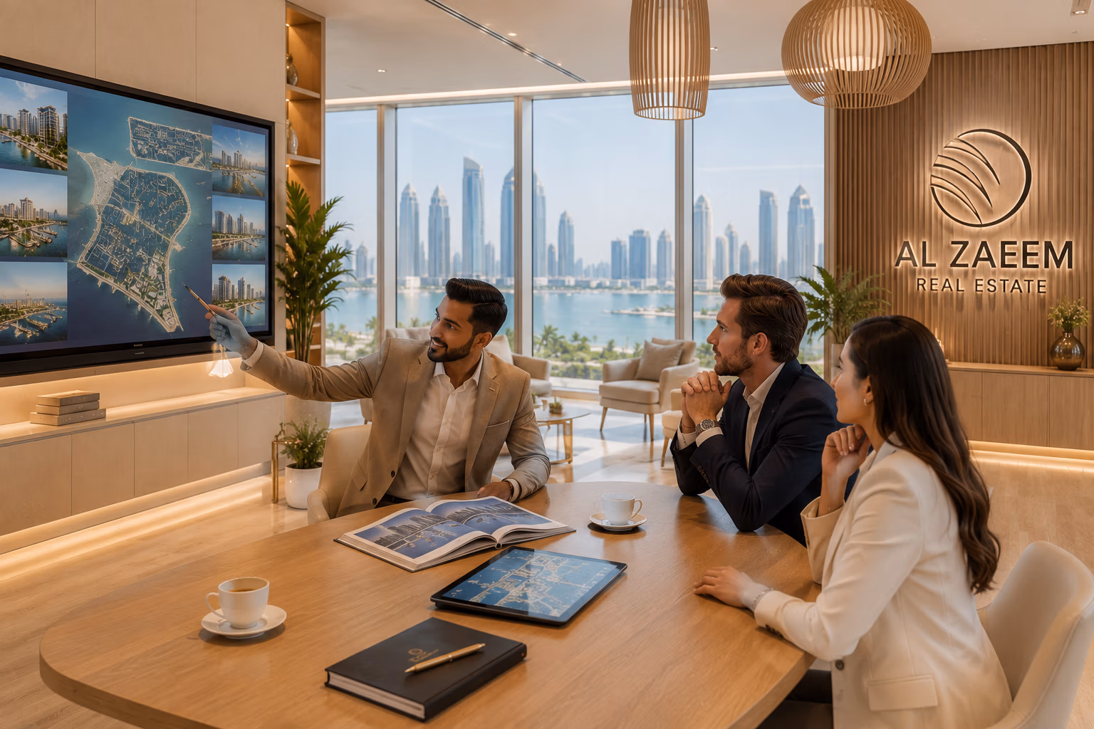 Senior Al Zaeem Real Estate advisor presenting Abu Dhabi luxury property investment opportunities to international buyers in a modern executive office.