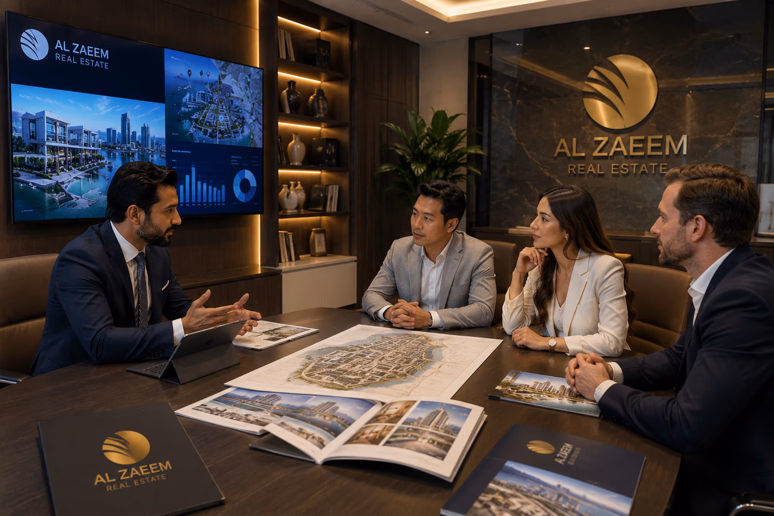 Professional property consultants at Al Zaeem Real Estate advising investors and families on luxury property investment opportunities inside a modern Abu Dhabi office.