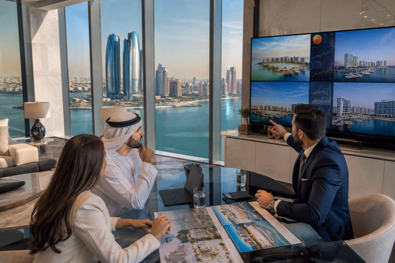 Professional property advisor presenting Abu Dhabi real estate investment opportunities to international investors in a modern luxury office using market reports and investment analysis.