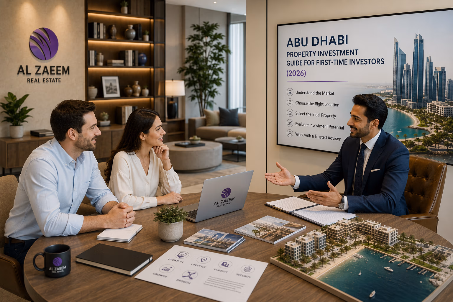 Al Zaeem Real Estate advisor helping first-time investors understand Abu Dhabi property investment opportunities and market insights.