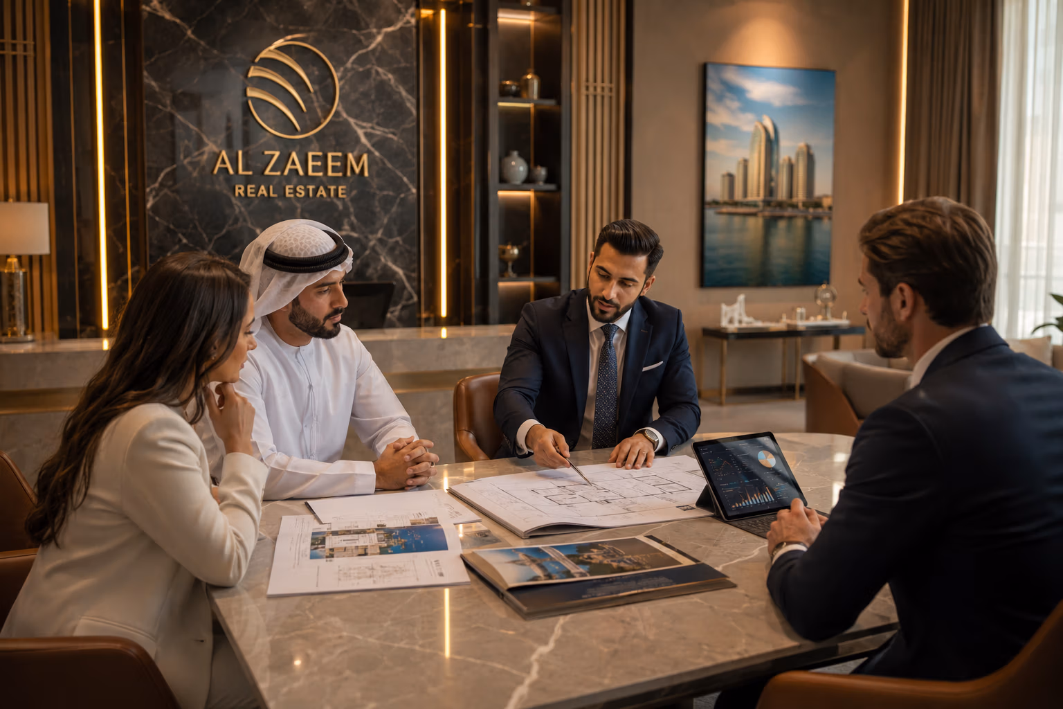 Senior property advisor at Al Zaeem Real Estate reviewing architectural plans, investment reports, and property market analysis with international investors in a luxury Abu Dhabi office.