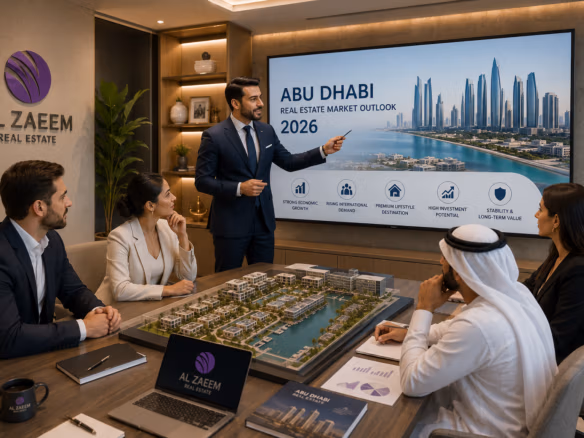 Al Zaeem Real Estate experts presenting the 2026 Abu Dhabi real estate market outlook to international property investors.