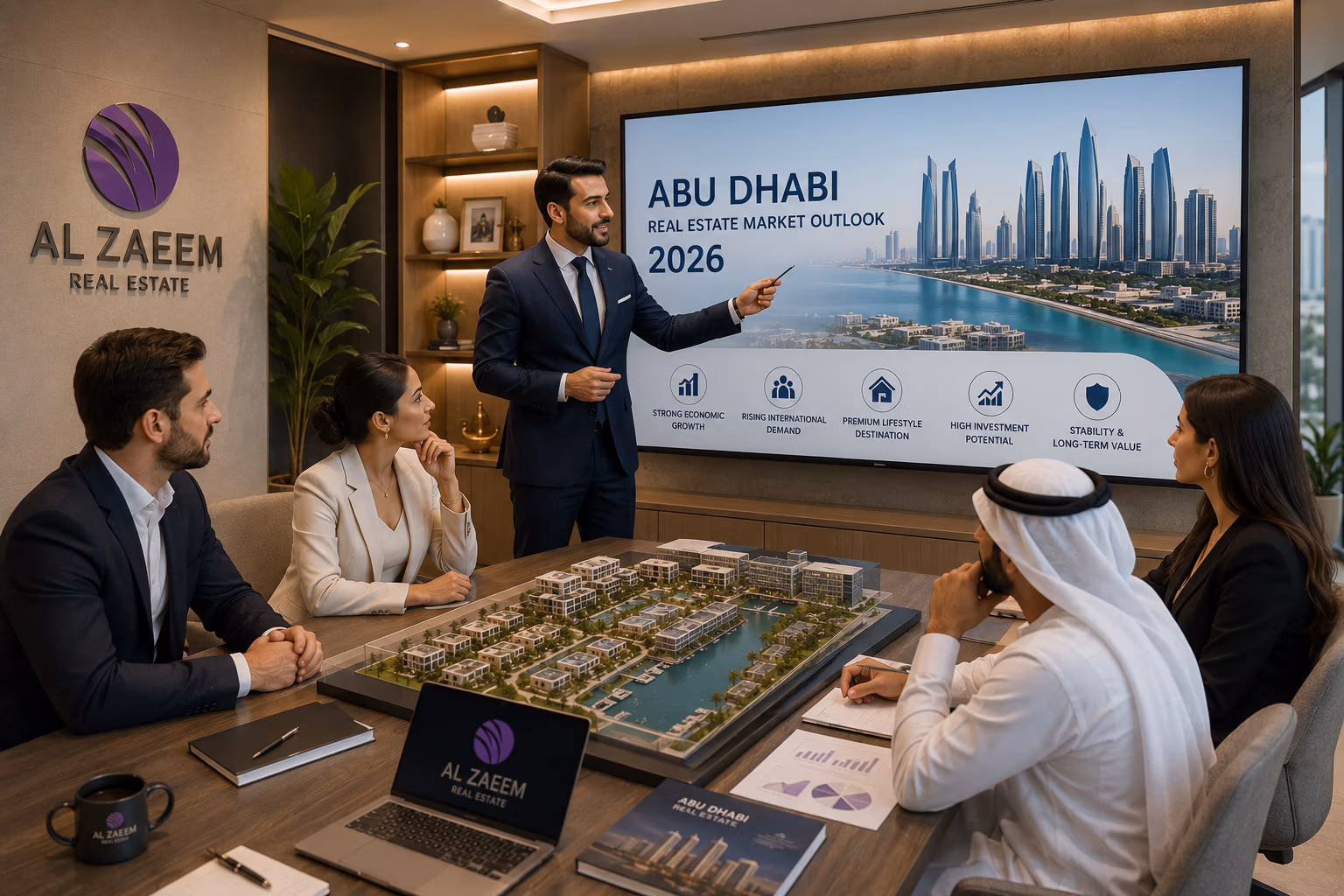 Al Zaeem Real Estate experts presenting the 2026 Abu Dhabi real estate market outlook to international property investors.