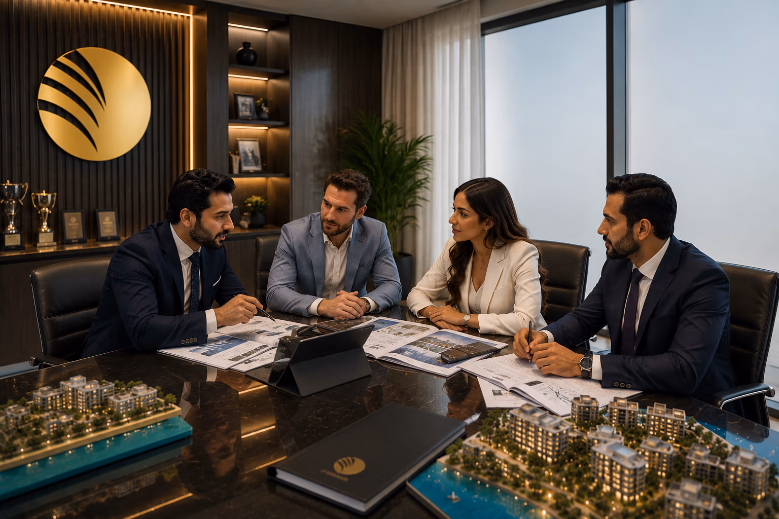 Property consultants at Al Zaeem Real Estate analyzing Abu Dhabi real estate market data and investment opportunities with clients in a modern corporate office.