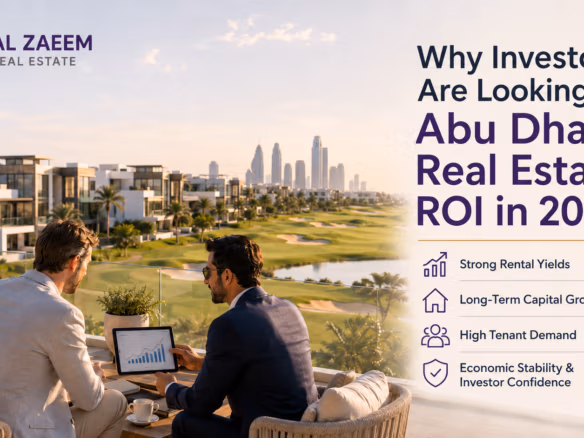 Al Zaeem Real Estate investors reviewing Abu Dhabi real estate ROI in 2026 at a golf-front villa community
