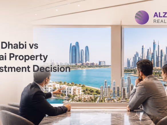Property buyers comparing Abu Dhabi and Dubai real estate opportunities with both city skylines in view.