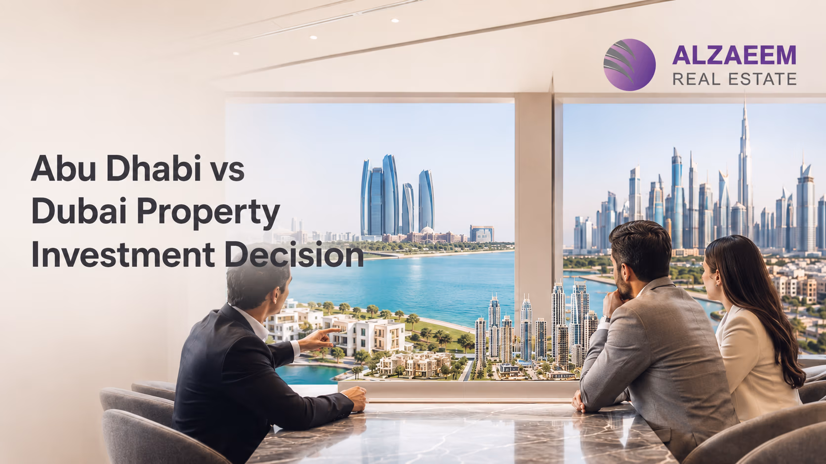 Property buyers comparing Abu Dhabi and Dubai real estate opportunities with both city skylines in view.