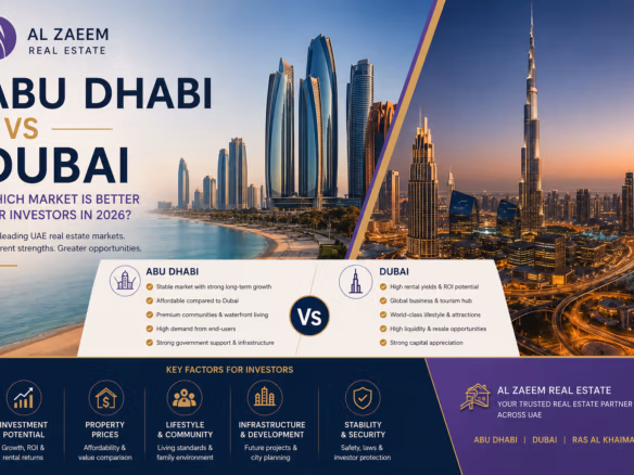 A visual comparison of Abu Dhabi and Dubai real estate markets, highlighting investment opportunities for property buyers in 2026.