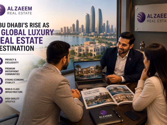 Al Zaeem Real Estate advisor discussing luxury property investment opportunities in Abu Dhabi with clients