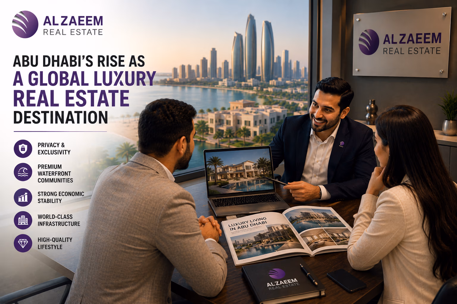 Al Zaeem Real Estate advisor discussing luxury property investment opportunities in Abu Dhabi with clients