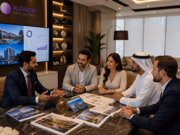 Al Zaeem Real Estate consultant advising families and international buyers inside a modern Abu Dhabi real estate office.