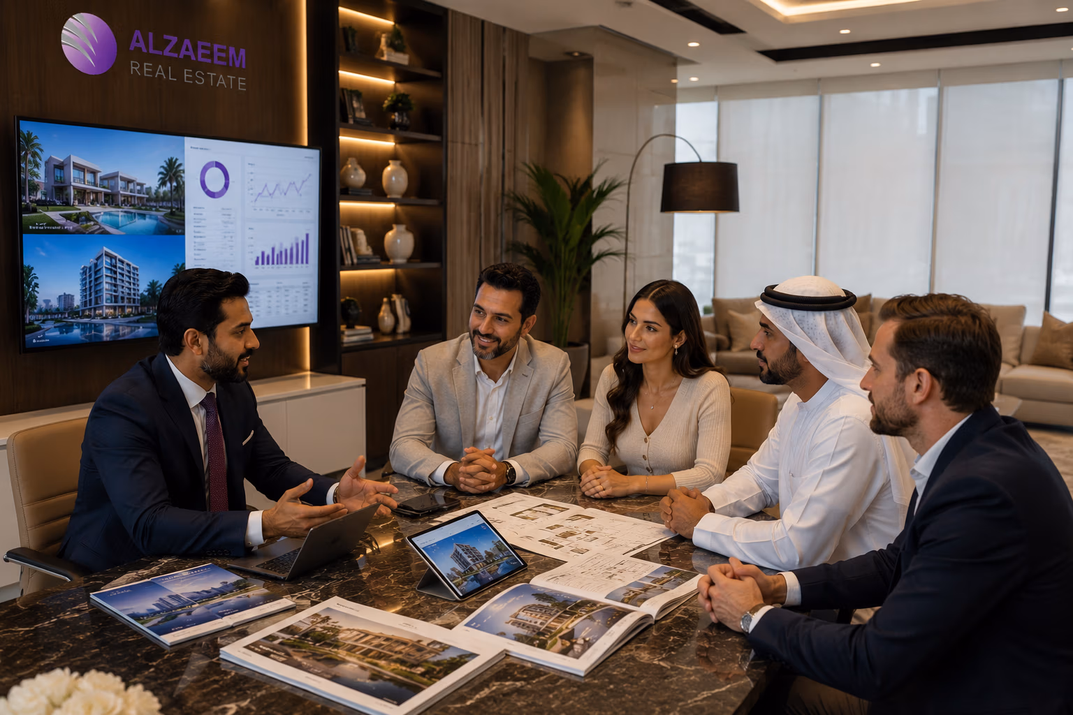 Al Zaeem Real Estate consultant advising families and international buyers inside a modern Abu Dhabi real estate office.