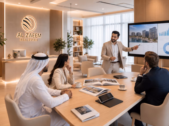 Senior Al Zaeem Real Estate advisor presenting Abu Dhabi property investment opportunities to international clients in a modern executive headquarters.