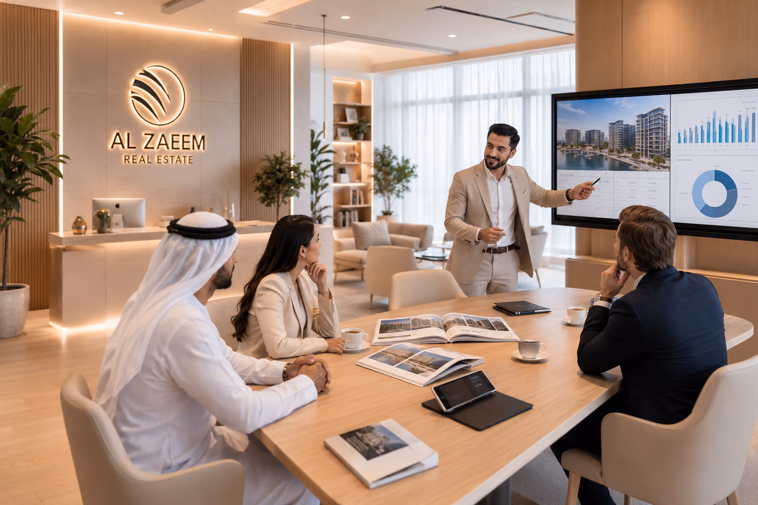 Senior Al Zaeem Real Estate advisor presenting Abu Dhabi property investment opportunities to international clients in a modern executive headquarters.