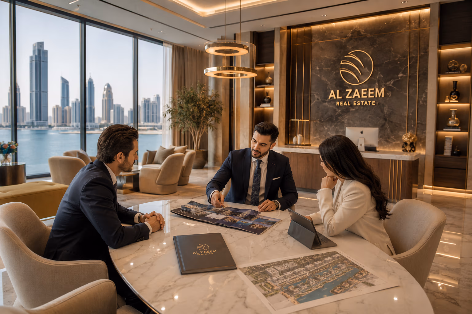 Senior Al Zaeem Real Estate consultant welcoming international investors for a luxury property investment consultation inside the company's premium headquarters in Abu Dhabi.