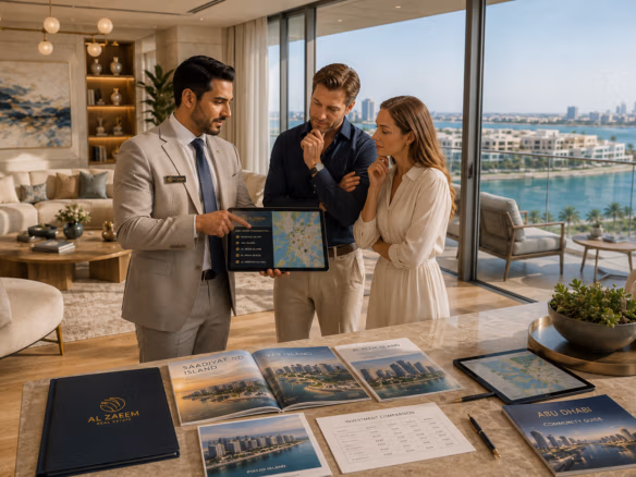 An Al Zaeem Real Estate advisor helping international buyers compare the best residential communities in Abu Dhabi using a community map and investment insights inside a luxury waterfront apartment.