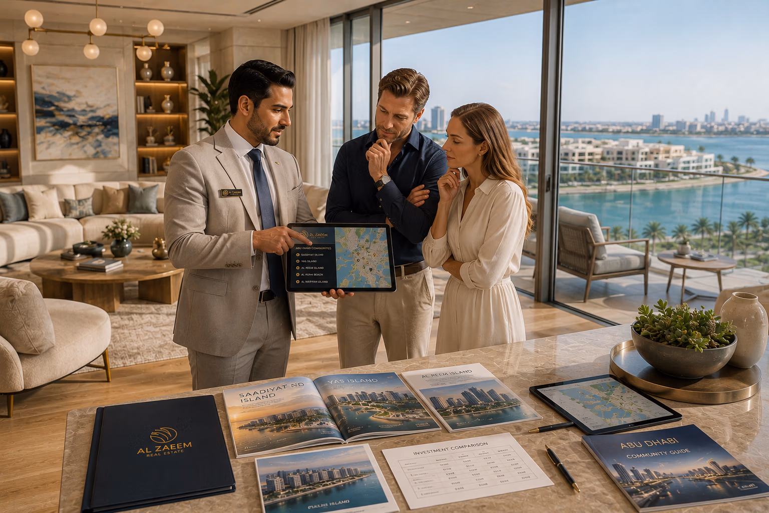 An Al Zaeem Real Estate advisor helping international buyers compare the best residential communities in Abu Dhabi using a community map and investment insights inside a luxury waterfront apartment.