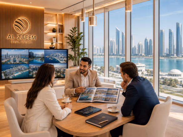 Professional property advisor at Al Zaeem Real Estate consulting with international buyers inside a luxury executive office in Abu Dhabi while comparing premium property investment opportunities.