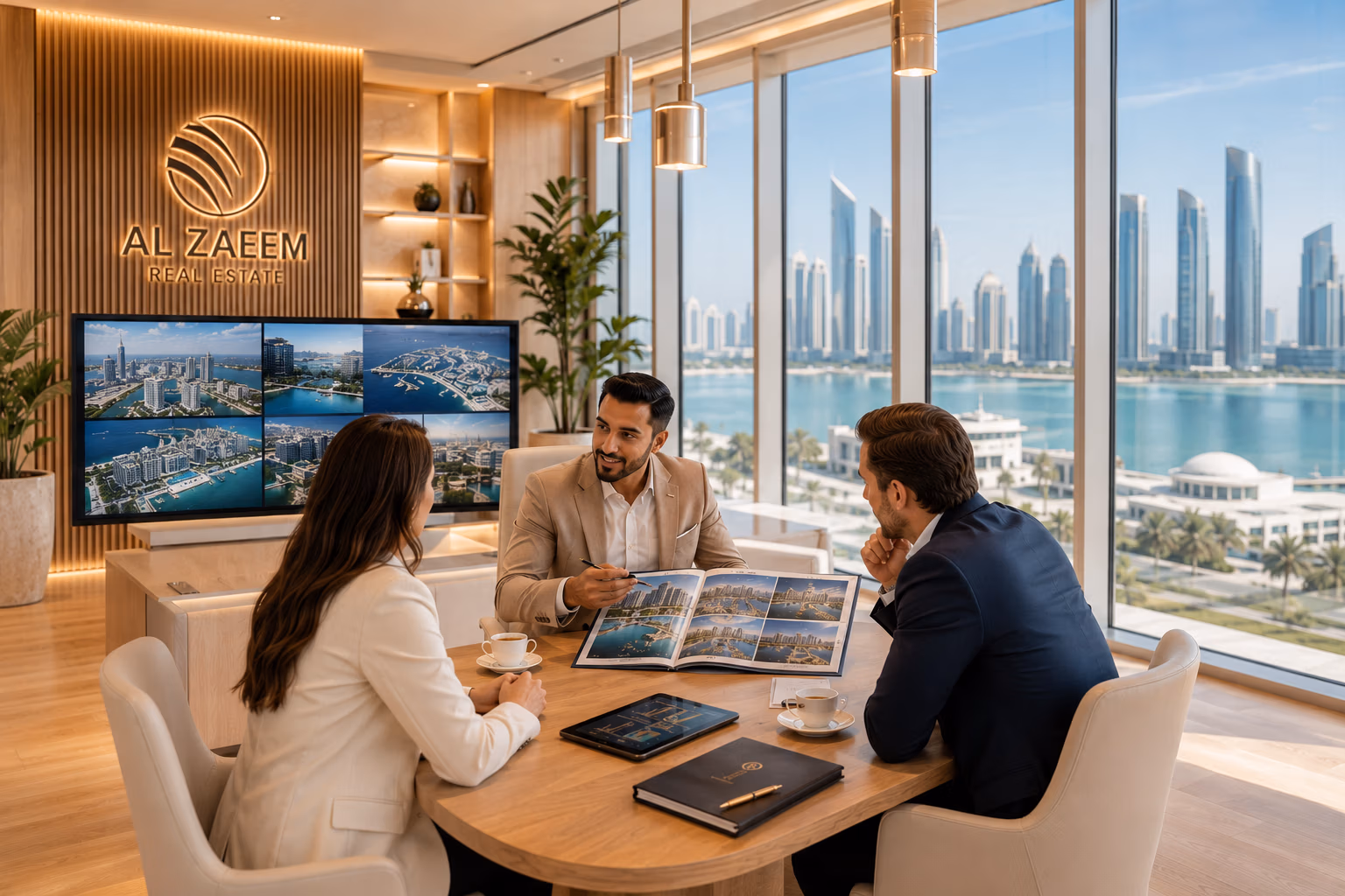 Professional property advisor at Al Zaeem Real Estate consulting with international buyers inside a luxury executive office in Abu Dhabi while comparing premium property investment opportunities.