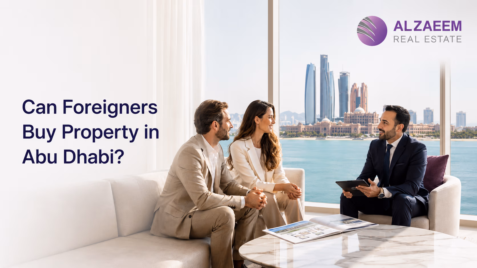 International buyers consulting a real estate advisor about purchasing property in Abu Dhabi.