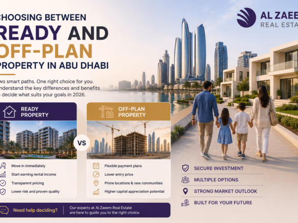 Al Zaeem Real Estate featured image comparing ready property and off-plan property options in Abu Dhabi