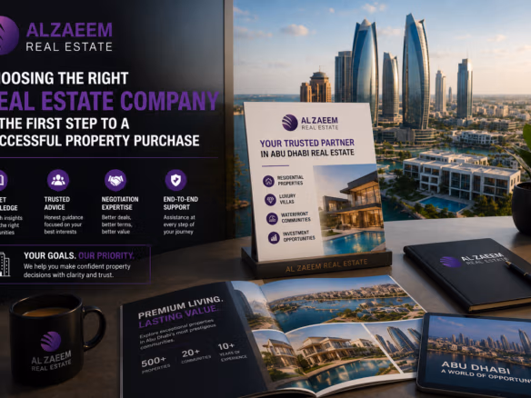 Al Zaeem Real Estate branded image showing property buying guidance and real estate marketing materials in Abu Dhabi