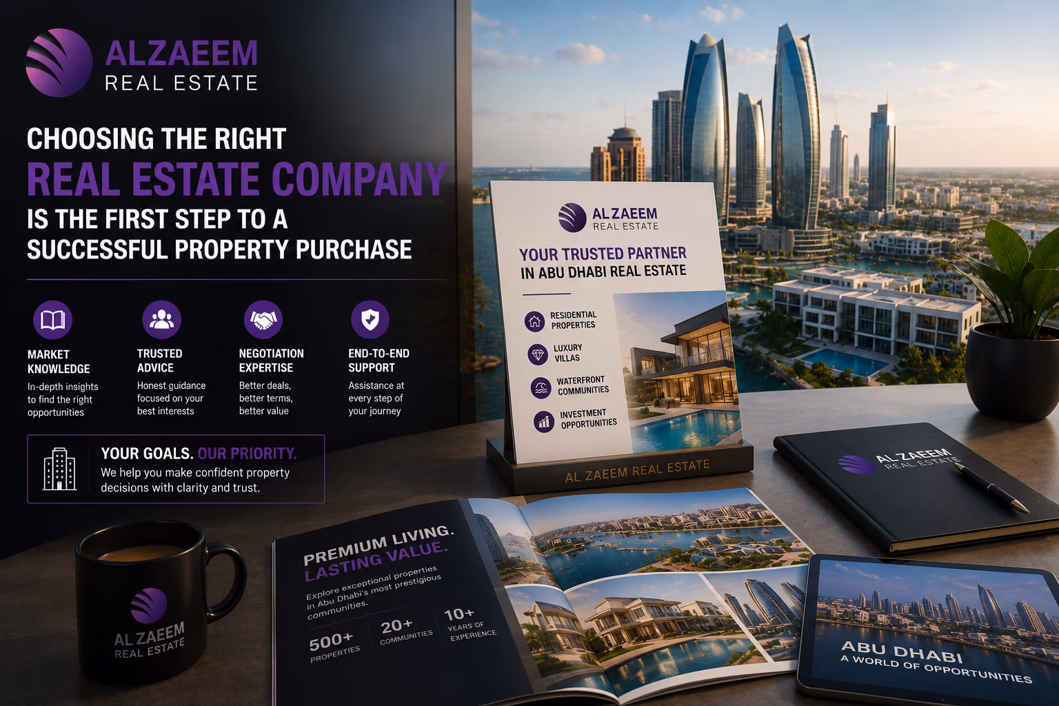 Al Zaeem Real Estate branded image showing property buying guidance and real estate marketing materials in Abu Dhabi