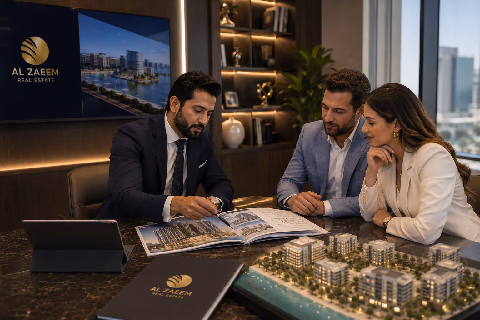 Professional property consultant at Al Zaeem Real Estate guiding a couple through the complete property buying journey in Abu Dhabi using brochures, architectural models, and investment plans.