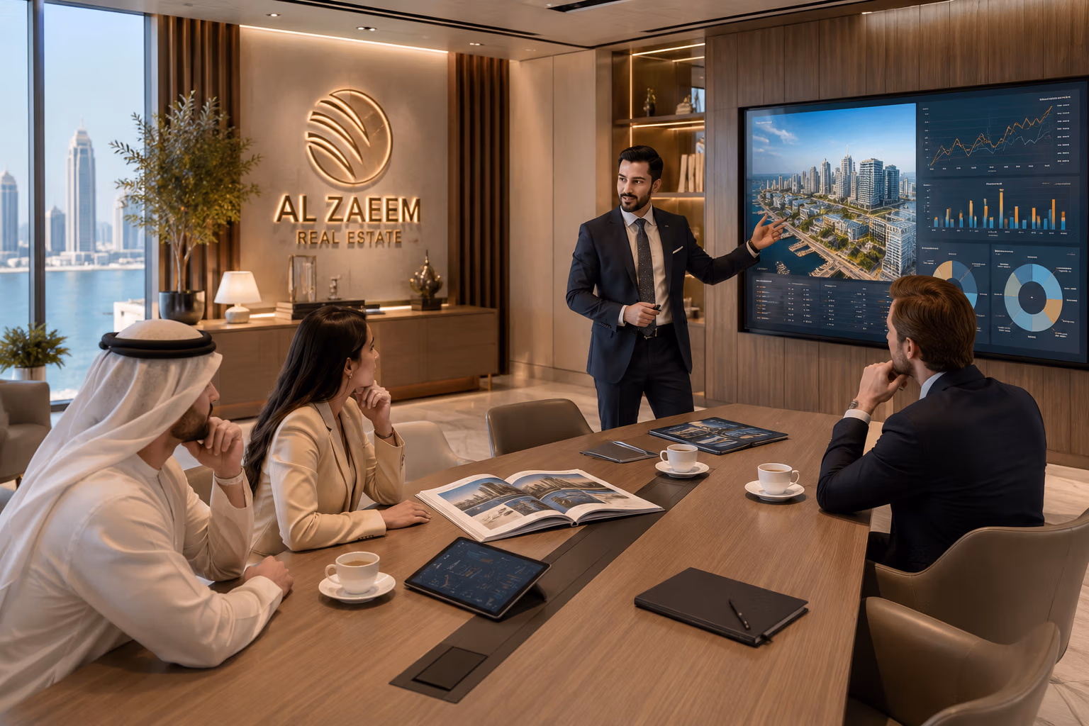 Senior Al Zaeem Real Estate investment advisor presenting property market analysis, investment reports, and strategic real estate opportunities to international investors in a luxury executive boardroom in Abu Dhabi.