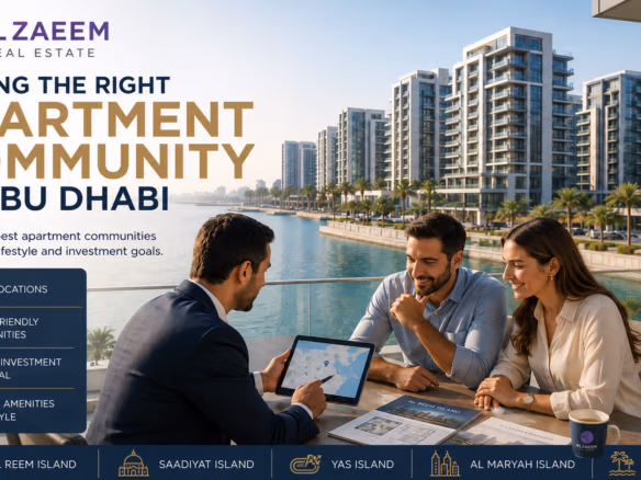 Al Zaeem Real Estate advisor helping buyers compare apartment communities in Abu Dhabi