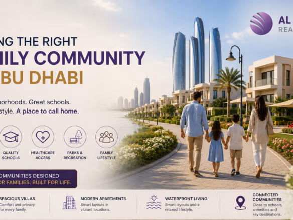 Al Zaeem Real Estate featured image showing a family walking through a waterfront residential community in Abu Dhabi