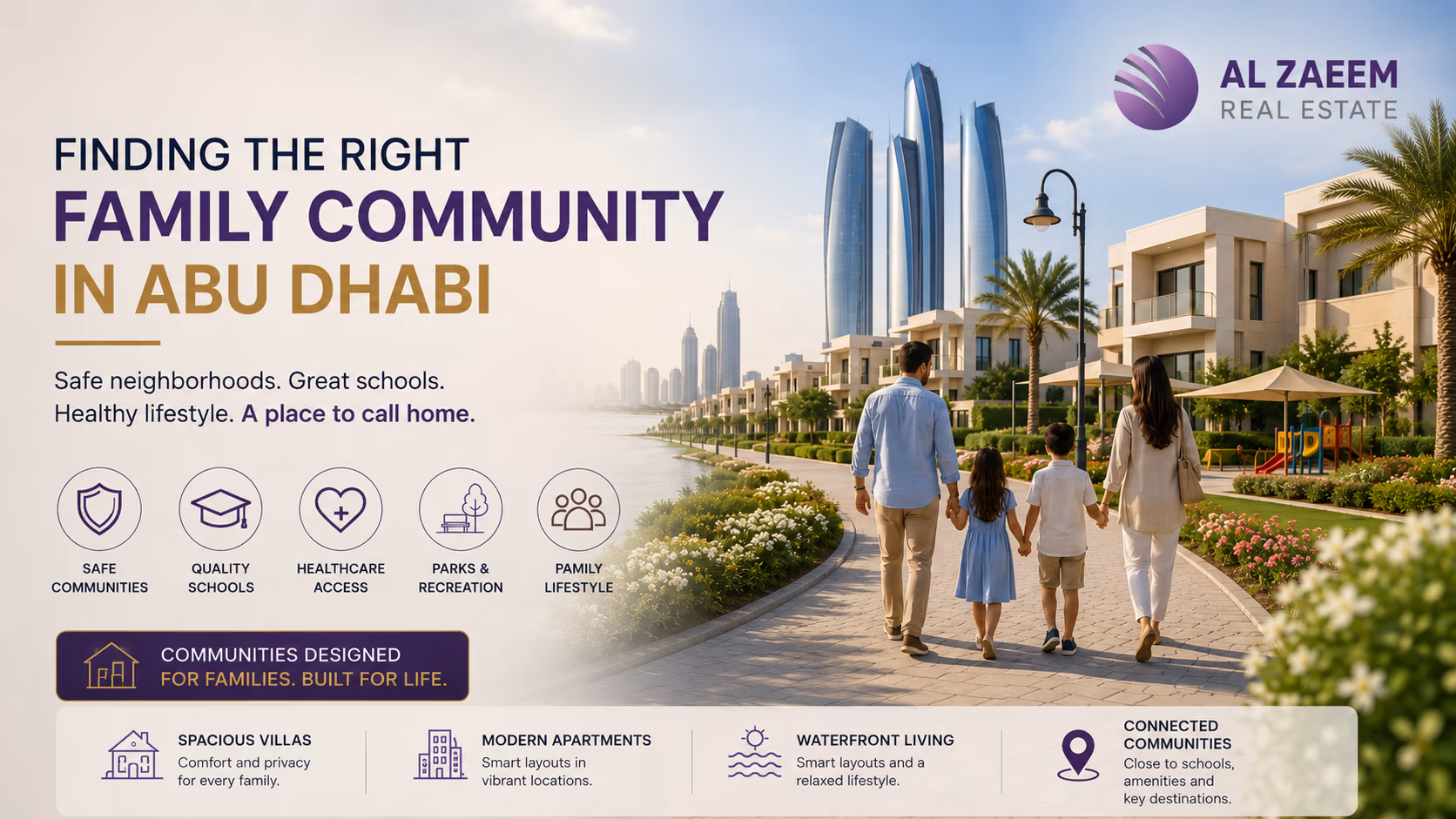 Al Zaeem Real Estate featured image showing a family walking through a waterfront residential community in Abu Dhabi