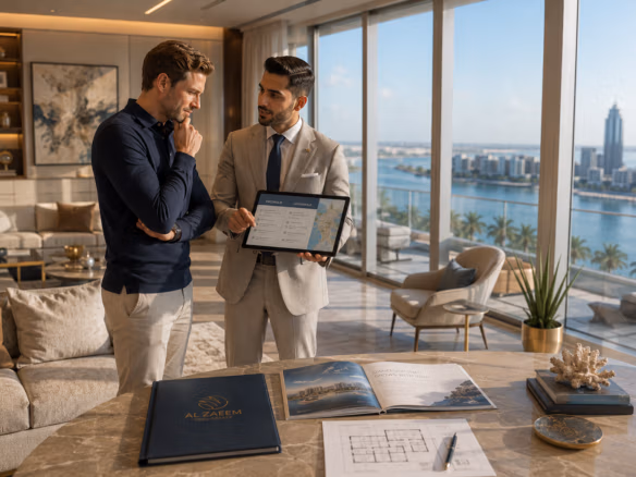 Al Zaeem Real Estate advisor explaining freehold and leasehold property ownership options to an international buyer inside a luxury waterfront apartment in Abu Dhabi.