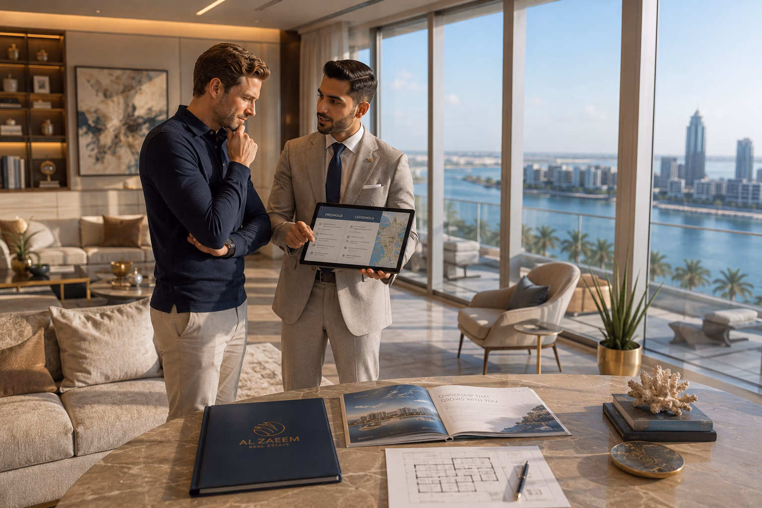 Al Zaeem Real Estate advisor explaining freehold and leasehold property ownership options to an international buyer inside a luxury waterfront apartment in Abu Dhabi.