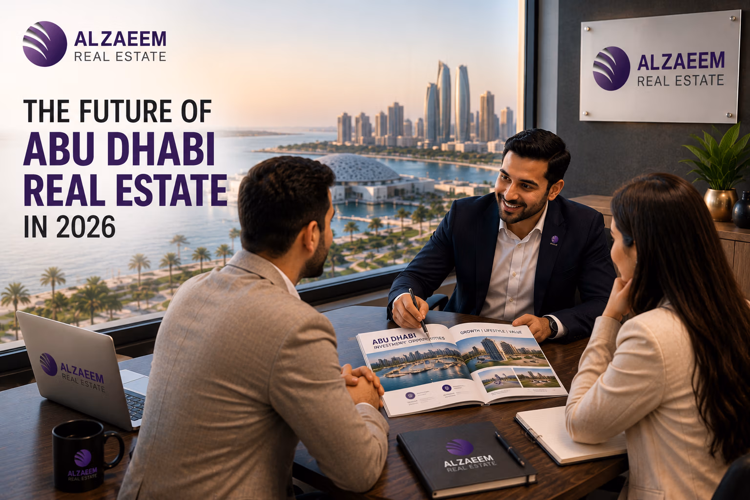 Al Zaeem Real Estate advisor discussing the future of Abu Dhabi real estate in 2026 with property buyers