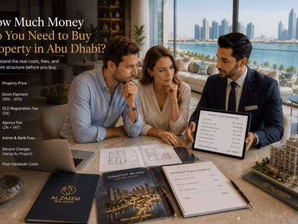 An Al Zaeem Real Estate advisor explaining the costs of buying property in Abu Dhabi to international buyers using a property cost breakdown and payment plan.