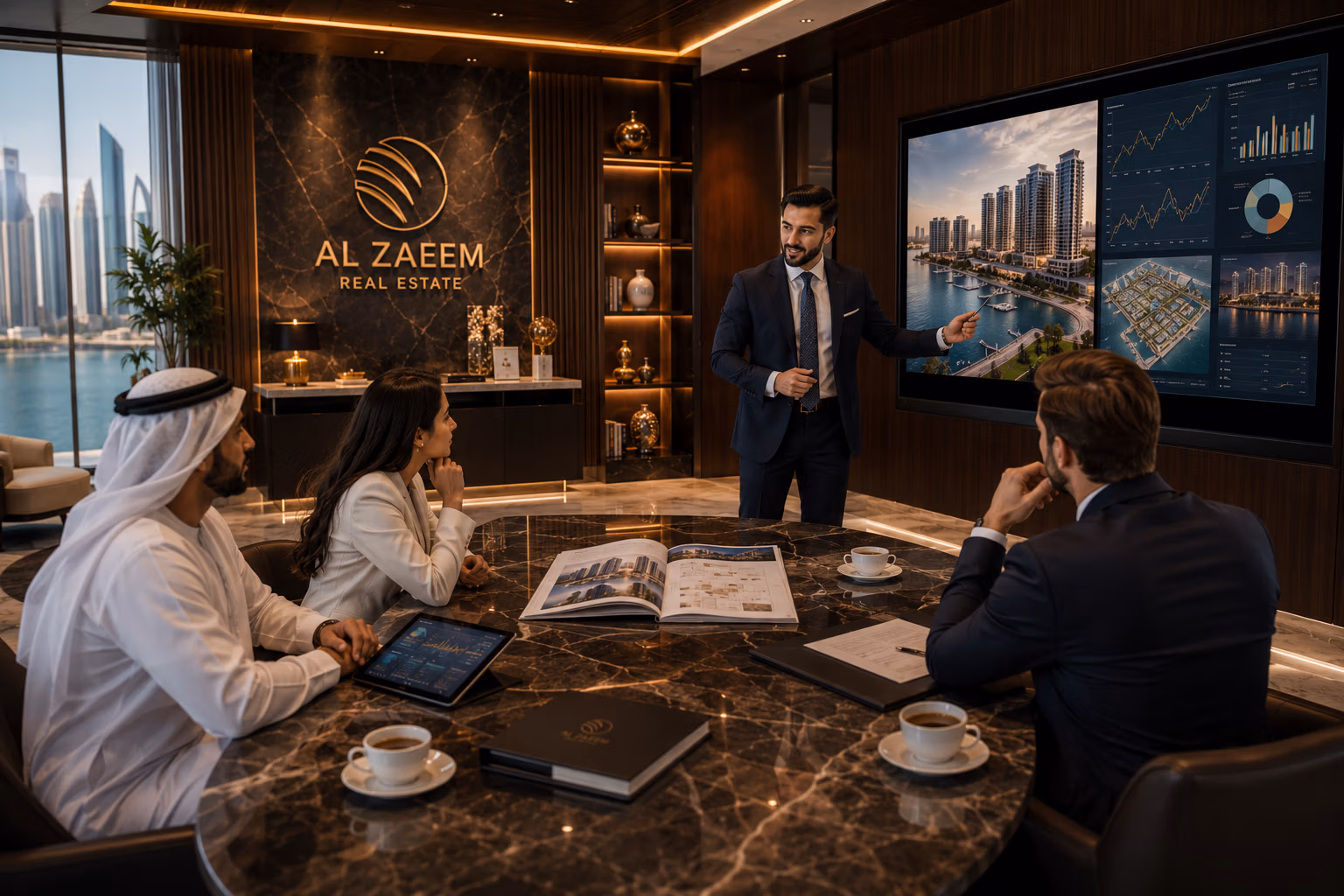 Senior Al Zaeem Real Estate investment advisor presenting luxury property portfolio strategies, architectural masterplans, and market analysis to international investors in a premium Abu Dhabi office.